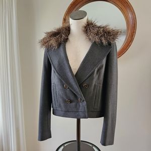 Ann Taylor Cropped Blazer Jacket Gray w/ Faux Fur Collar
